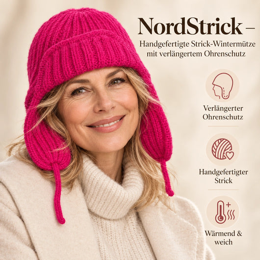 NordStrick – Handgefertigte Strick-Wintermütze mit verlängertem Ohrenschutz